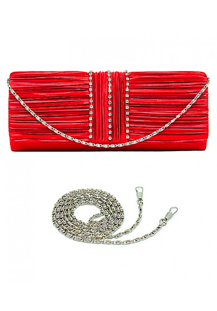 Evening Bag - Satin Pleated w/ 3 Liner Clear Stone - Red - BG-EBS1132RD